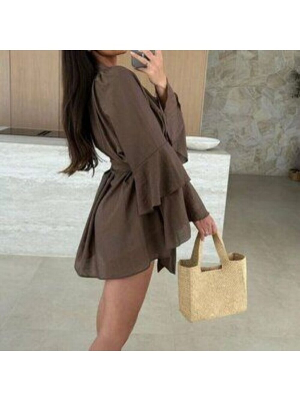 Coffee Boho Women's V-Neck Asymmetrical Tie-Up Long Sleeve Loose Mini Dress - Picture 5 of 5